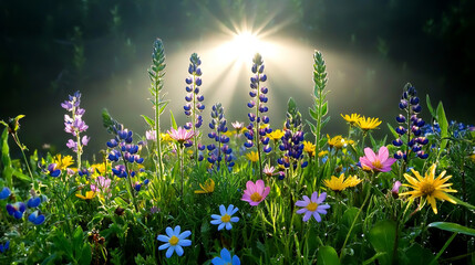 Wall Mural - wildflower meadow in morning mist with sunlight shining through