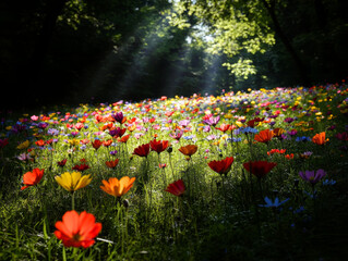 Wall Mural - vibrant wildflower meadow under sunlight with colorful blooms