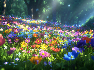 Wall Mural - vibrant meadow of wildflowers under midday sunlight creates warm atmosphere