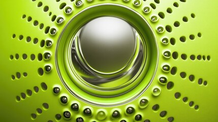 Poster - Washing machine drum in close-up, centered on a bright lime green background, top view.