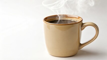 Poster - Hot Coffee in Tan Mug on White Background