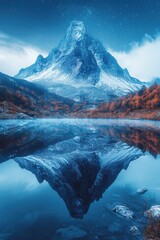 Wall Mural - Majestic mountain reflected in a serene lake surrounded by golden autumn foliage at dusk