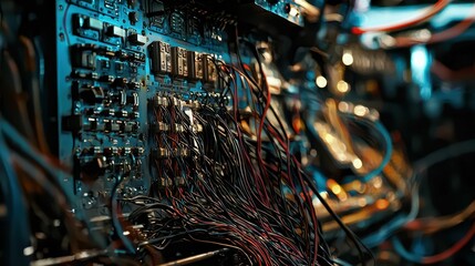 Poster - Intricate Details of Circuit Board with Colorful Wires and Connectors