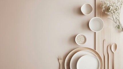Poster - Minimalist Table Setting with Bowls, Plates, and Floral Arrangement