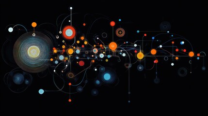 Aufkleber - Abstract network visualization with interconnected nodes and lines on a black background.