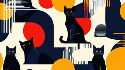 Poster - Artistic Black Cats with Geometric Shapes and Vibrant Colors