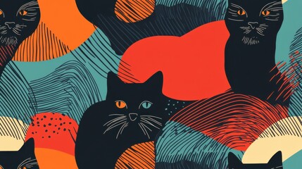 Poster - Stylish Black Cats and Abstract Shapes in Colorful Modern Design