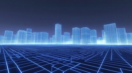 Aufkleber - 3D Wireframe Cityscape with Neon Grid Technology Background