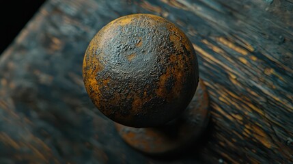 Poster - Rusty Metal Sphere on Dark Wooden Surface Offering Unique Texture