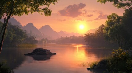 Poster - Serene sunset river landscape, misty mountains, peaceful nature scene