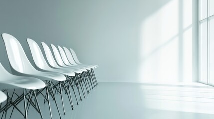 Poster - Modern Minimalist White Chairs in Bright, Sunlit Waiting Area