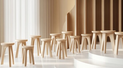 Poster - Modern Minimalist Wooden Stools Arrangement in Bright Interior Space