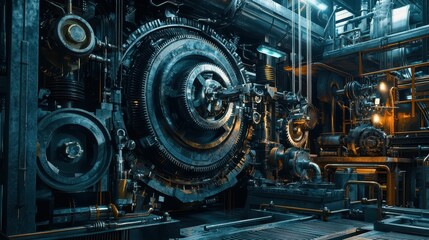 Poster - Intricate Industrial Machinery in a Dimly Lit Workshop Environment