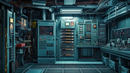 Poster - High-Tech Control Room with Server Racks and Digital Equipment
