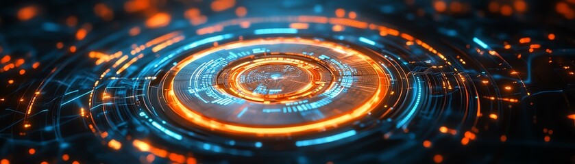 Poster - Futuristic holographic interface displaying a wooden wheel converting into a hightech cyberwheel, intricate wireframe and neon overlays, ultraHD rendering, vibrant lighting