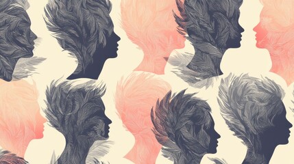 Poster - Abstract Silhouettes of Faces with Feather-Like Hair Designs