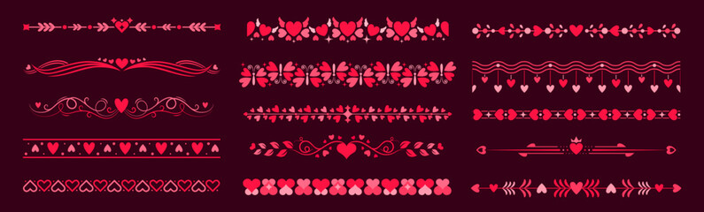 Poster - Heart dividers, valentine frame, wedding ornament borders feature hearts, swirls, leaves, and floral elements in shades of red and pink. Vector set of embellishments and trims evoke love and romance