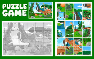 Poster - Prehistoric dinosaur animals on jigsaw puzzle logic game quiz, cartoon vector worksheet. Kids jigsaw puzzle game to find and match cutout picture pieces with Jurassic dinosaurs and funny dino lizards