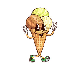Aufkleber - Cartoon ice cream cone groovy character. Isolated vector summer dessert personage. Funny positive waffle cone with colorful scoops and wide funky smile, exuding chill vibes and retro nostalgic charm