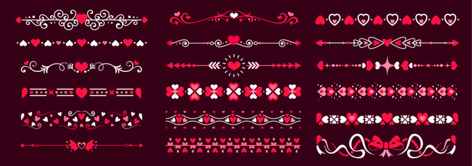 Poster - Wedding frame ornament, heart dividers, valentine borders vector set. Vibrant red and pink embellishments and trims evoke love and romance for greeting cards, invitations, stationery and decorations