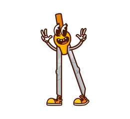 Poster - Cartoon groovy school compass stationery character, retro drawing item. Isolated vector divider tool personage with a joyful expression and funny friendly face, flashing peace signs with both hands