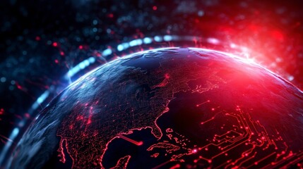 Fototapete - Digital Earth Red and Blue Global Network Visualization