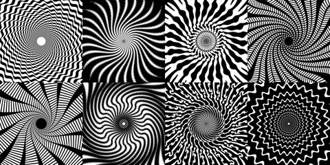 Poster - Psychedelic hypnotic spiral patterns with hypnosis swirls and optical illusion effect, vector backgrounds. Black and white geometric vortex or spin wheels in hypnotic spiral pattern of tunnel swirl