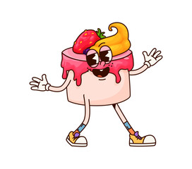 Aufkleber - Groovy breakfast cake dessert cheerful character. Cafe dessert funny mascot, restaurant pastry meal or takeaway sweet cupcake isolated groovy vector character. Cafe dessert cute personage with berries