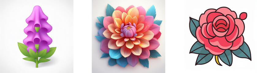 Wall Mural - three stylized flower illustrations. purple bell-shaped flower, colorful layered flower, and red ros