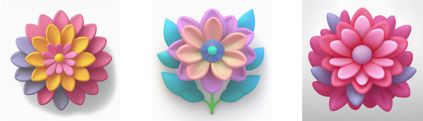 Poster - Three layered flowers in vibrant colors like pink, yellow, purple, and blue, with petal details, set on a clean white backdrop.