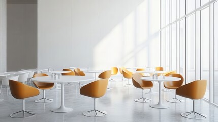 Poster - Modern Bright Café Interior with Minimalist Furniture and Natural Light