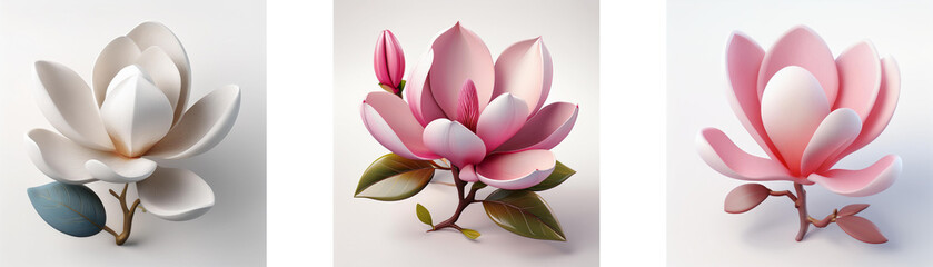 Wall Mural - Three magnolia flowers are displayed against a clean white backdrop.  The flowers are in varying shades of pink and white, showcasing delicate petals and green leaves.