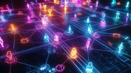 Poster - Colorful Neon Network of Digital Connections and People Icons