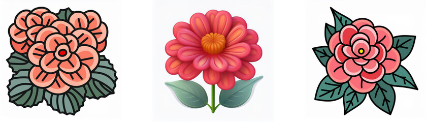 Wall Mural - three flower illustrations are presented: two stylized pink roses with green leaves and one red dais