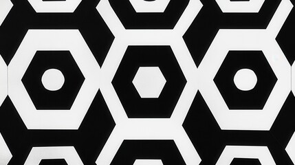 Poster - Black and White Geometric Hexagon Pattern with Circles and Shapes