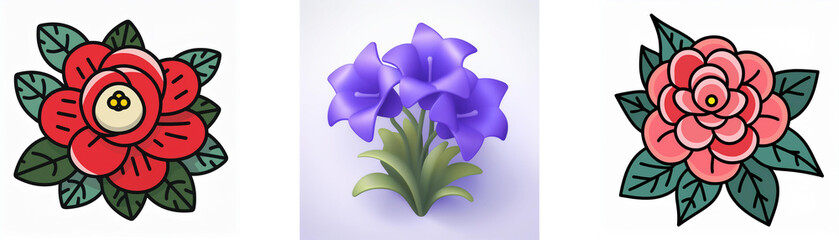 Wall Mural - three floral illustrations feature a red and pink rose with green leaves and a bluebell flower with 