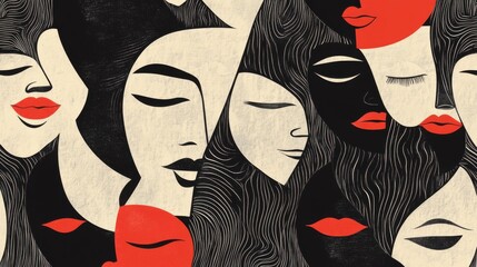 Poster - Abstract Art of Diverse Female Faces with Bold Red Accents