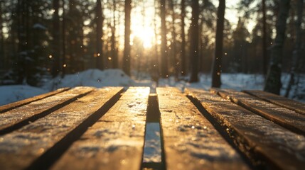 Aufkleber - Snowy picnic table sunset forest winter