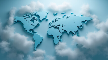 Poster - Abstract world map design with soft clouds in a blue sky, ideal for travel, geography, and environmental themes in stock photography.