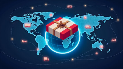 Poster - Global Delivery Concept with Gift Box on Globe Surrounded by Shipping Routes and Transportation Icons in a Digital Style