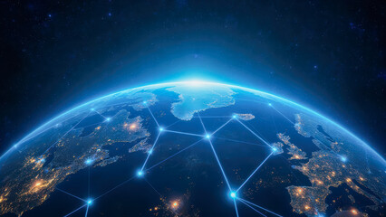 Poster - Stunning View of Earth from Space with Global Network Connections Highlighted Against a Starry Background and Glowing Horizon
