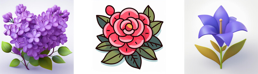 Wall Mural - three floral illustrations are displayed; a purple lilac, a red rose with green leaves, and a blue b