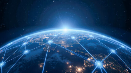 Poster - Stunning View of Earth from Space with Illuminated Cities and Network Connections at Dawn