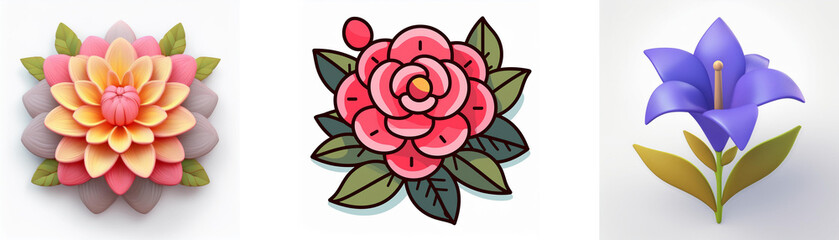 Wall Mural - three distinct flower illustrations: layered pastel, red outlined, and stylized blue. each is unique