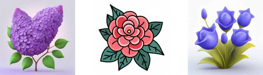 Wall Mural - three distinct floral illustrations. first, a purple lilac. second, a pink rose with green leaves. t