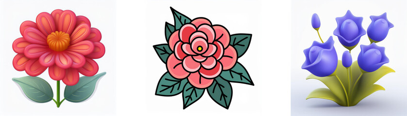 Wall Mural - three flower illustrations are presented: a red daisy-like flower, a pink rose-like flower with outl