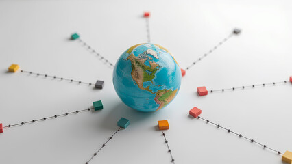 Poster - Colorful globe on white surface connected by lines to square blocks representing global communication and connection in a modern world