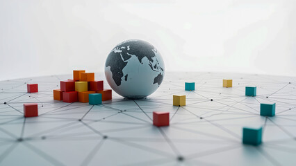 Poster - Abstract representation of globalization with a globe, colorful blocks, and a network grid illustrating connectivity and interdependence in modern society