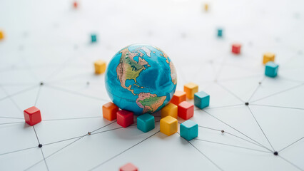Poster - Colorful geometric blocks surrounding a globe exploring world geography and global connections in a modern digital landscape