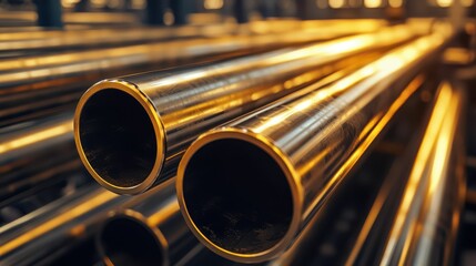 Poster - Close-Up of Shiny Metal Pipes with Warm Light Reflection